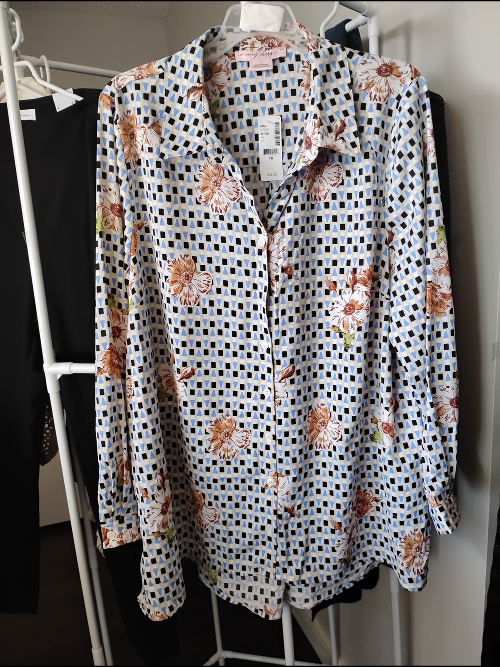 Pennington Women Geometric Floral Button-Down Long Sleeve Shirt Top With Pockets
